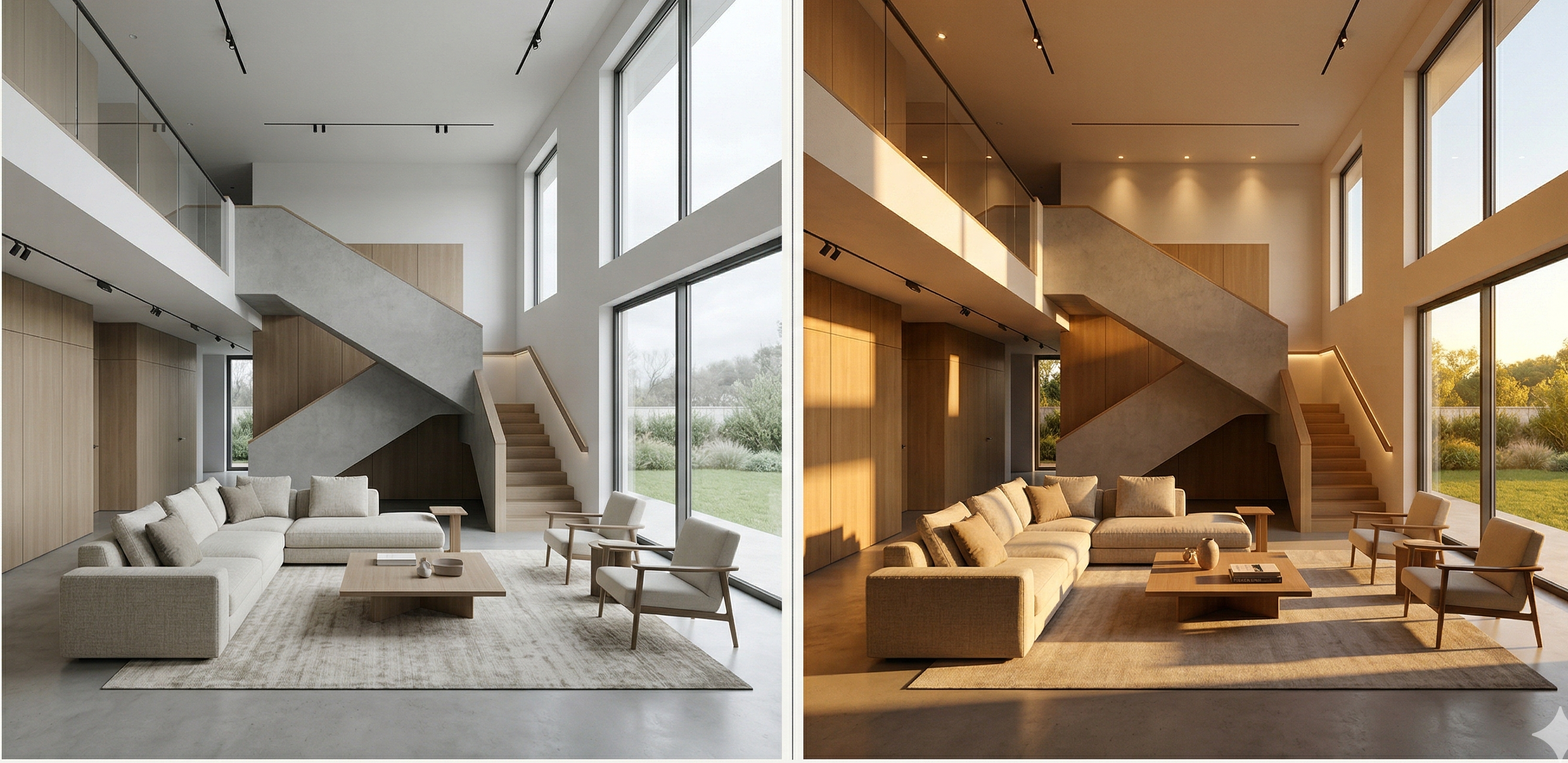 Photorealistic golden hour interior render — library example output